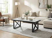 MESA DE CENTRO LEVANTO CON ESTRUCTURA METÁLICA NEGRA Y MÁRMOL BEIGE DE 120X60X45CM
