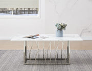 MESA DE CENTRO PORTOFINO CON ACABADO PLATA Y MÁRMOL BLANCO DE 120X70X45CM