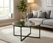 LORIE COFFEE TABLE WITH BLACK METAL LEGS AND MIRRORED TOP 90CM