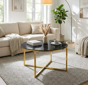 LORIE COFFEE TABLE WITH GOLD LEGS AND BLACK MARBLE TOP 90CM