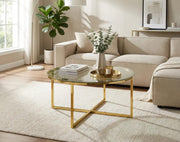 LORIE COFFEE TABLE WITH GOLD LEGS AND TRANSPARENT GLASS TOP 90CM
