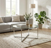 LORIE COFFEE TABLE WITH SILVER LEGS AND TRANSPARENT GLASS  TOP 90CM