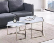 HEXAGONAL NESTING COFFEE TABLE WITH SILVER FINISH AND WHITE TOP SIZES 79X40 + 59X35CM