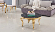 MESA DE CENTRO REDONDA BARROCA CON ACABADO DORADO Y CUBIERTA DE MÁRMOL NEGRO 80X45CM