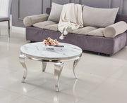 ROUND BAROQUE COFFEE TABLE WITH SILVER FINISH AND WHITE MARBLE TOP 80X45CM