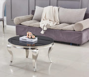 MESA DE CENTRO REDONDA BARROCA CON ACABADO PLATEADO Y TAPA NEGRA 80X45CM