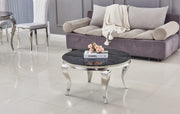 ROUND BAROQUE COFFEE TABLE WITH SILVER FINISH AND BLACK MARBLE TOP 80X45CM