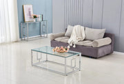 MESA DE CENTRO SOPHIE CON ACABADO PLATEADO Y CRISTAL TRANSPARENTE, MEDIDAS 120X60X45CM