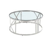 MESA DE CENTRO ATMOS CON ACABADO PLATEADO Y CRISTAL TRANSPARENTE 100 CM