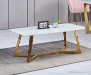 MESA DE CENTRO GOSSIP CON ACABADO DORADO Y MÁRMOL BLANCO DE 120X70CM