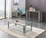MESA DE CENTRO FLUTE CON ACABADO PLATEADO Y CRISTAL TRANSPARENTE DE 120X60X45CM