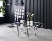 MESA DE CENTRO GIZE CON ACABADO PLATEADO Y CRISTAL TRANSPARENTE 80X80CM