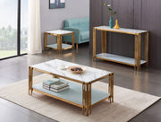 MESA DE CENTRO FLUTE CON ACABADO DORADO DISEÑO BLANCO Y MÁRMOL MEDIDAS 120X60X45CM