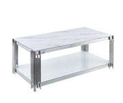 MESA DE CENTRO FLUTE CON ACABADO PLATEADO, DISEÑO BLANCO Y MÁRMOL, MEDIDAS 120X60X45CM
