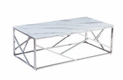 MESA DE CENTRO GEOMAG CON ESTRUCTURA DE ACERO INOXIDABLE PLATEADO Y MÁRMOL BLANCO DE 120X60X45CM