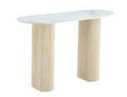 MESA CONSOLA ROXY CON PATAS DE TRAVERTINO Y CUBIERTA DE CERÁMICA BLANCA CON EFECTO MÁRMOL DE 120X40X78CM
