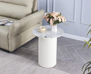 MESA PEDESTAL VALMY CON BASE BEIGE Y TAPA DE CERÁMICA MARMOLADA GRIS DE 50CM DE DIÁMETRO.