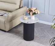 VALMY PEDESTAL TABLE WITH BLACK LEGS AND GREY MARBLE CERAMIC TOP 50CM DIAMETER.
