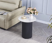 MESA AUXILIAR VALMY CON PATAS NEGRAS Y TAPA DE CERÁMICA EFECTO MÁRMOL BLANCO 50X55CM