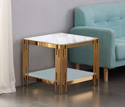 FLUTE GOLD GUERIDON TABLE WITH MARBLE EFFECT GLASS TOP AND WHITE GLASS BOTTOM 50X50X55CM