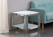 MESA DE GUERIDÓN PLATA FLUTE CON TABLERO DE CRISTAL EFECTO MÁRMOL Y BASE DE CRISTAL BLANCO 50X50X55CM