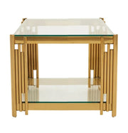 MESA GUERIDÓN FLAUTA DORADA CON TAPA Y BASE DE CRISTAL TRANSPARENTE 50X50X55CM