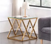 TRIANGLE DESIGN GUERIDON TABLE WITH GOLD FINISHING AND TRANSPARENT GLASS TOP 50X50CM