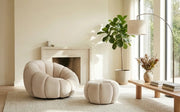 PERLE SWIVEL ARMCHAIR IN BEIGE VELVET WITH FOOTREST POUF MEASURING 106X100X62CM + 60X37CM
