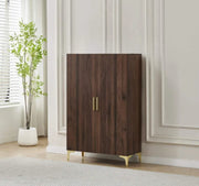 SHOE CABINET WALNUT WITH 2 DOORS ,MDF , STAINLESS STEEL BASE MEASURING 81X35X125CM.