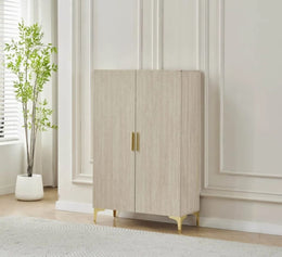 SHOE CABINET TRAVERTINE WITH 2 DOORS ,MDF , STAINLESS STEEL BASE MEASURING 81X35X125CM.