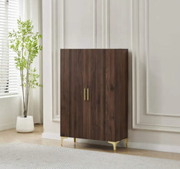 SHOE CABINET WALNUT WITH 2 DOORS ,MDF , STAINLESS STEEL BASE MEASURING 81X35X125CM.