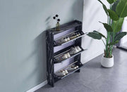 SHOE STAND SLIM , BLACK MARBLE PATTERNED WITH THREE TILTING DRAWERS MEASURING78X18X112CM