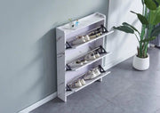 SHOE STAND SLIM , WHITE MARBLE PATTERNED WITH THREE TILTING DRAWERS MEASURING78X18X112CM