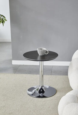 GOYA CERAMIC GUERIDON TABLE WITH BLACK  TOP AND SILVER FEETS MEASURING 44X44X50CM ,