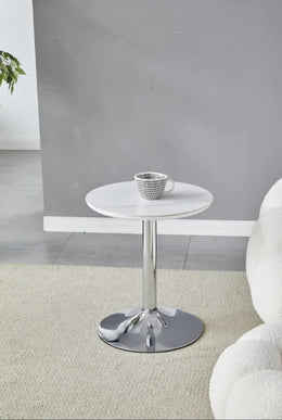 GOYA CERAMIC GUERIDON TABLE WITH WHITE MARBLE TOP AND SILVER FEETS MEASURING 44X44X50CM ,