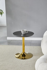 GOYA CERAMIC GUERIDON TABLE WITH BLACK  TOP AND GOLD FEETS MEASURING 44X44X50CM ,