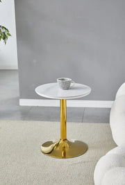 GOYA CERAMIC GUERIDON TABLE WITH WHITE MARBLE TOP AND GOLD FEETS MEASURING 44X44X50CM ,
