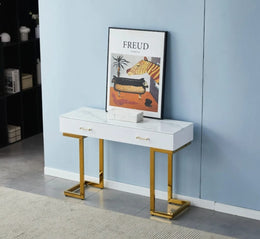 LILA CONSOLE WITH GOLD LEGS AND WHITE MARBLE TOP WITH 2 DRAWERS 120X40X80CM
