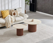PILA DUO NESTING COFFEE TABLES SET IN WALNUT AND TRAVERTINE CERAMIC MEASURING 80+60X45+40CM