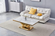 TROPHEE COFFEE TABLE WITH WHITE MARBLE TOP AND GOLD FEETS MEASURING 120X70X45CM