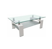 MESA DE CENTRO GLORIA CON CRISTAL TRANSPARENTE SUPERIOR E INFERIOR CON ACABADO BLANCO QUE MIDE 110X60X45CM