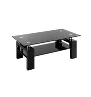 MESA DE CENTRO GLORIA CON CRISTAL NEGRO EN LA PARTE SUPERIOR E INFERIOR CON PATAS CON ACABADO NEGRO QUE MIDE 110X60X45CM