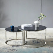 JUEGO DE MESAS DE CENTRO DUO CON TAPA DE MÁRMOL NEGRO Y PATAS CON ACABADO PLATEADO 80+60X45+40CM
