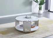 MESA DE CENTRO ROMEO CON PARTE SUPERIOR E INFERIOR BLANCA Y ACABADO PLATEADO, CON MEDIDAS DE 90X90X45CM