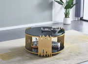 MESA DE CENTRO ROMEO CON PARTE SUPERIOR E INFERIOR NEGRAS Y ACABADO DORADO, DE 90X90X45CM