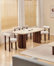 MESA DE COMEDOR TRINITY CON CUBIERTA DE TRAVERTINO Y PATAS DE NOGAL DE 180X90X75CM