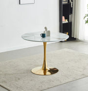 MESA DE COMEDOR ROSA CON TAPA DE MÁRMOL BEIGE Y PATAS DORADAS DE 100X100X75CM