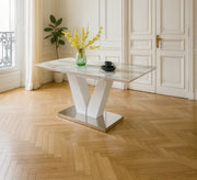 V EXTENDABLE TABLE  WITH BEIGE MARBLE EFFECT AND WHITE/SILVER FINISHING MEASURING 160/200X90X75CM