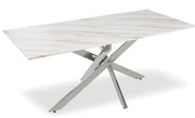 MESA RECTANGULAR OLIVIA DE MÁRMOL BLANCO Y PATAS PLATEADAS CON MEDIDAS DE 150X90X75CM