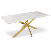 MESA RECTANGULAR OLIVIA DE MÁRMOL BLANCO Y PATAS DORADAS, MEDIDAS 150X90X75CM